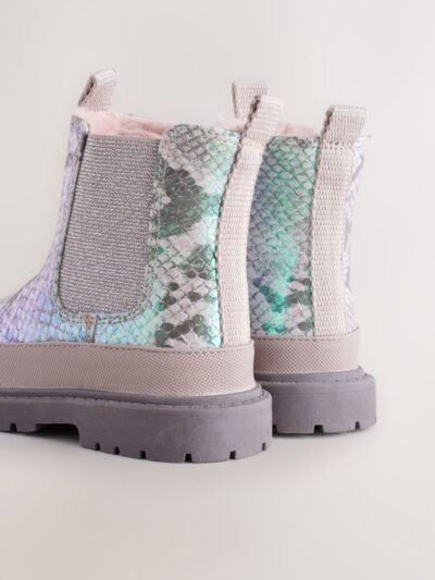 Silver Metallic Snake Chunky Chelsea Ankle Boots