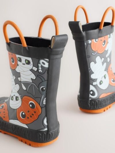 Black/Orange Halloween Handle Pull On Wellies