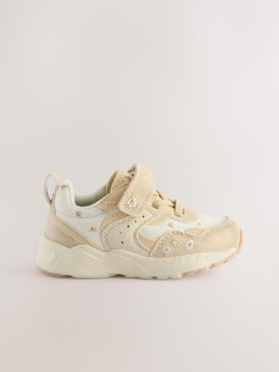 Neutral Embroidered Floral Standard Fit (F) Elastic Lace Touch Fasten Trainers