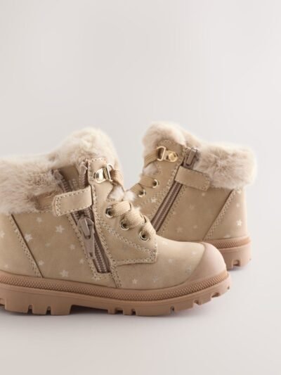 Neutral Star Lace Up Faux Fur Lined Boots