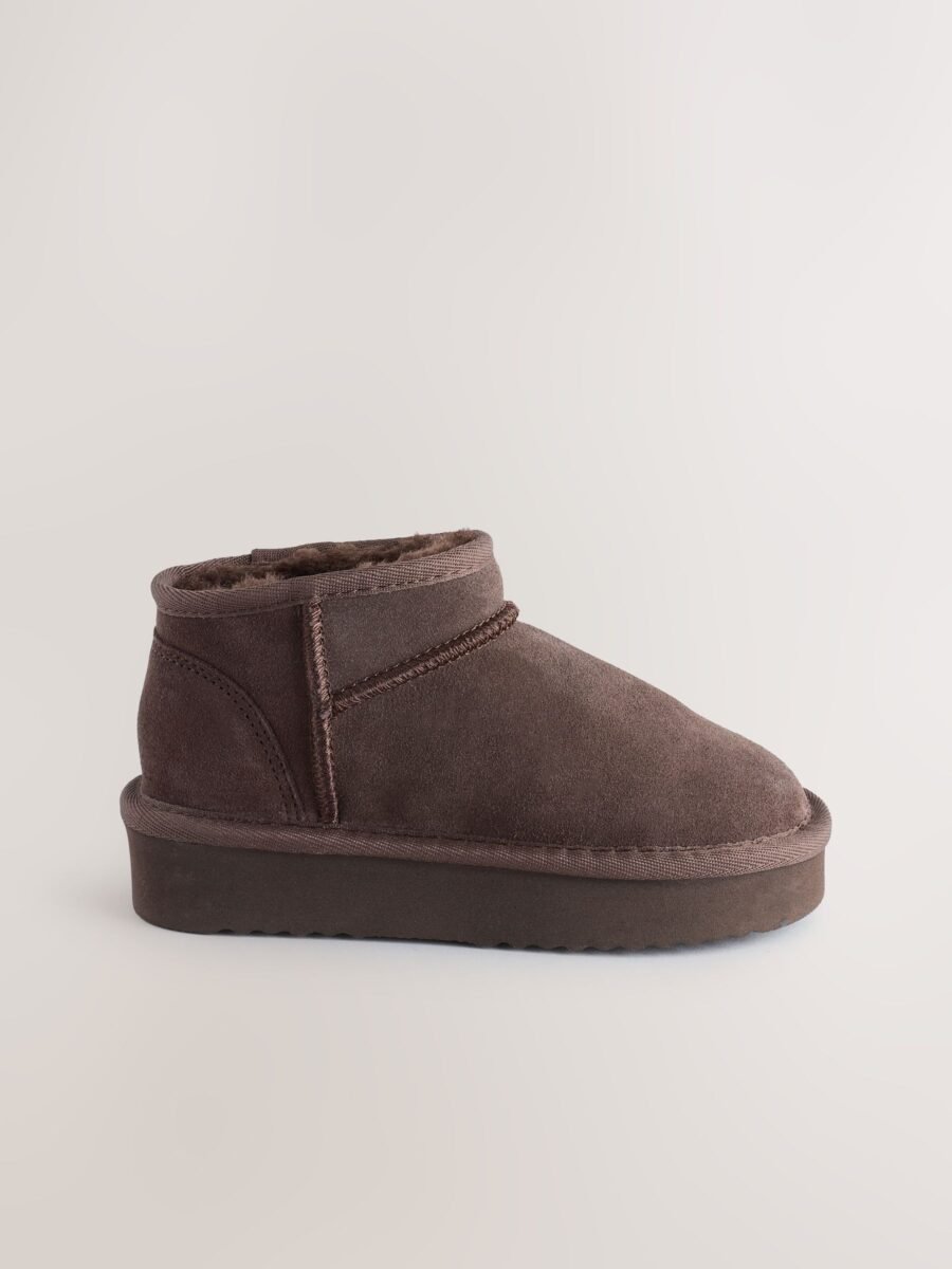 Chocolate Brown Standard Fit (F) Flatform Mini Warm Lined Water Repellent Suede Pull-On Boots