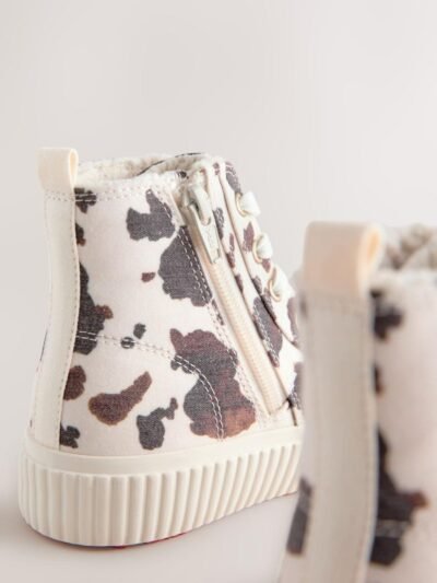 White/Brown Cow Printed Standard Fit (F) Lace-Up High Top Trainers
