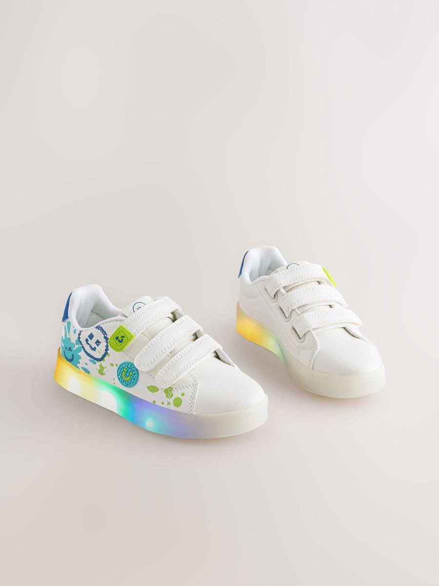 White Happy Face Light Up Touch Fastening Trainers