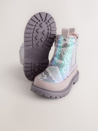 Silver Metallic Snake Chunky Chelsea Ankle Boots