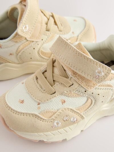 Neutral Embroidered Floral Standard Fit (F) Elastic Lace Touch Fasten Trainers