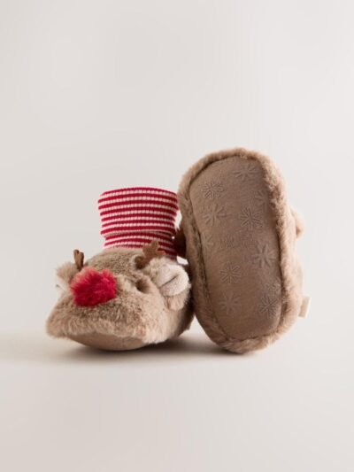 Brown Christmas Reindeer Baby Sock Top Boots