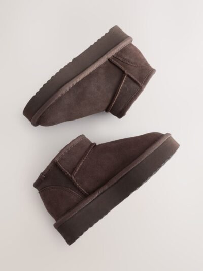 Chocolate Brown Standard Fit (F) Flatform Mini Warm Lined Water Repellent Suede Pull-On Boots