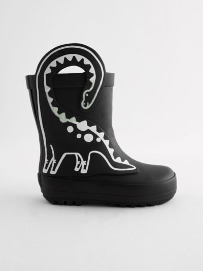 Black Colour Changing Dinosaur Handle Pull On Wellies