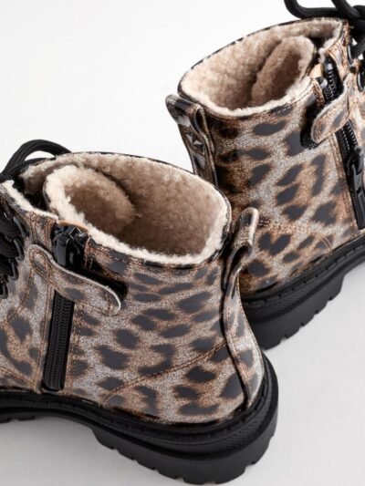 Brown Animal Print Wide Fit (G) Warm Lined Lace-Up Ankle Boots