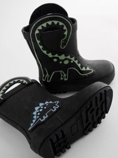 Black Colour Changing Dinosaur Handle Pull On Wellies