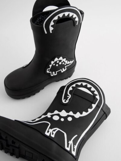 Black Colour Changing Dinosaur Handle Pull On Wellies