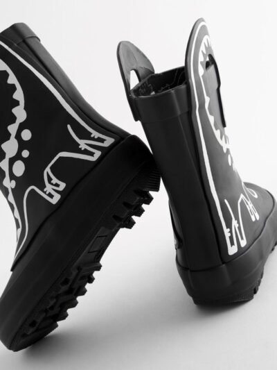 Black Colour Changing Dinosaur Handle Pull On Wellies