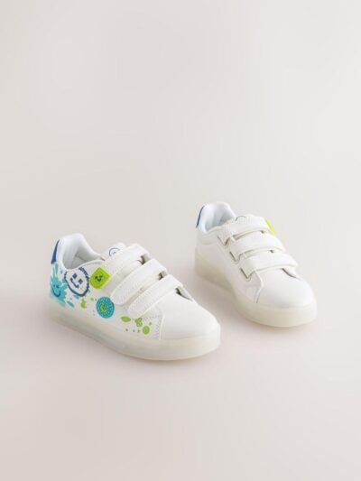 White Happy Face Light Up Touch Fastening Trainers