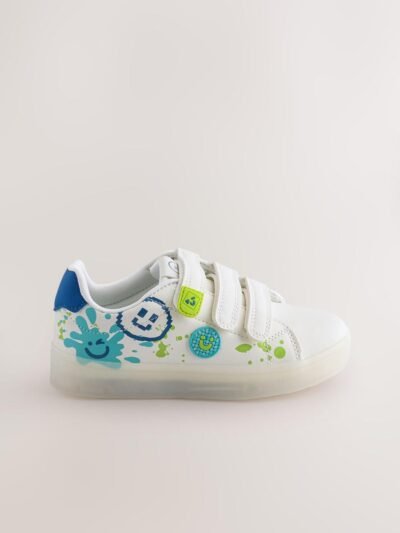 White Happy Face Light Up Touch Fastening Trainers