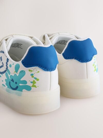 White Happy Face Light Up Touch Fastening Trainers