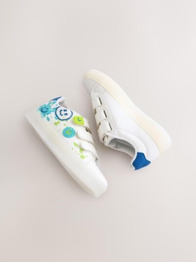White Happy Face Light Up Touch Fastening Trainers
