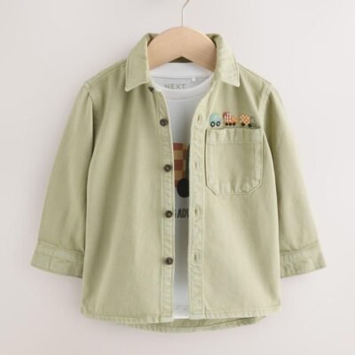 Khaki Green Long Sleeve Shirt and T-Shirt Set