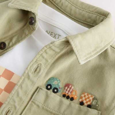 Khaki Green Long Sleeve Shirt and T-Shirt Set