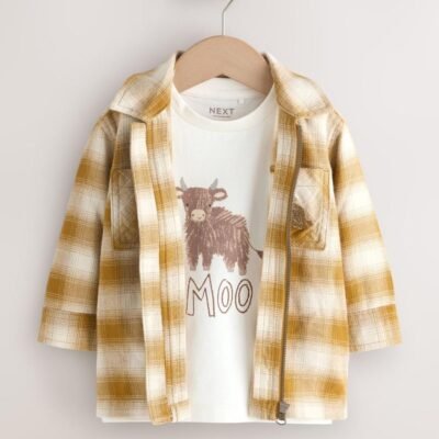 Yellow Check Zip Thru Long Sleeve Shirt and T-Shirt Set