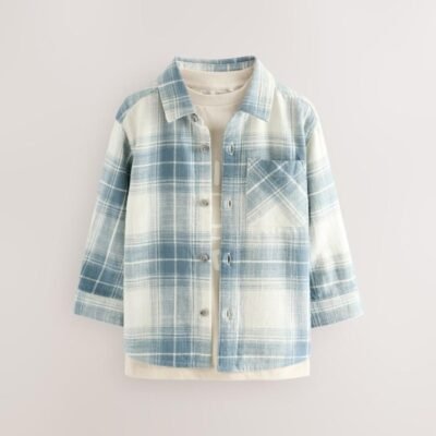 Blue Check Long Sleeve Shirt and T-Shirt Set