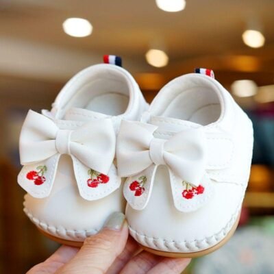 White 'Cherry Bow' Soft-Sole Shoes