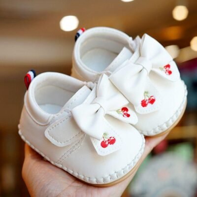 White 'Cherry Bow' Soft-Sole Shoes