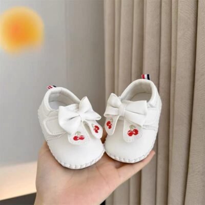 White 'Cherry Bow' Soft-Sole Shoes
