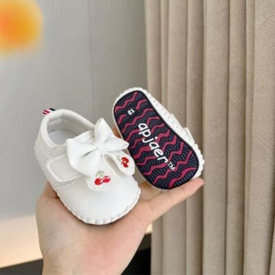 White 'Cherry Bow' Soft-Sole Shoes