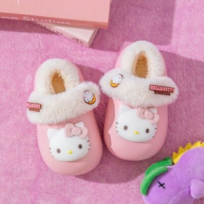 Cute Hello Kitty Fur-Lined Slippers for Kids