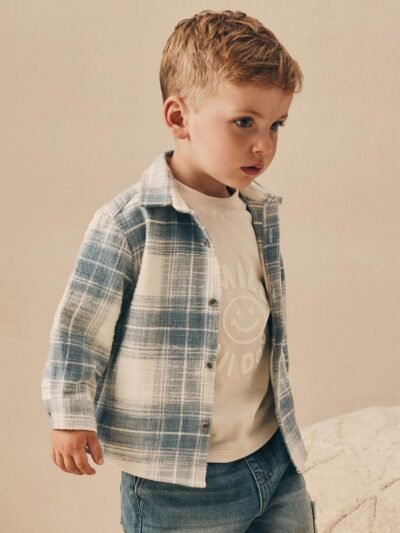 Blue Check Long Sleeve Shirt and T-Shirt Set