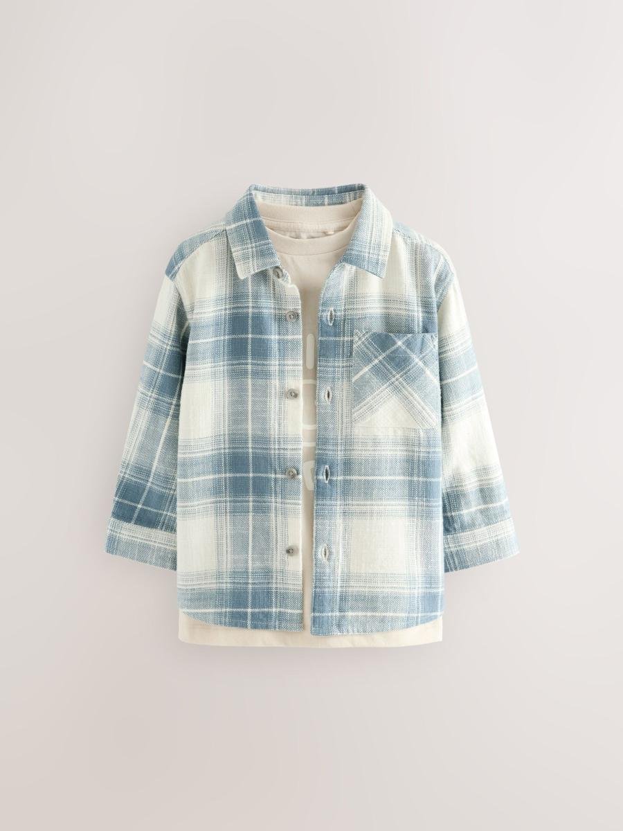 Blue Check Long Sleeve Shirt and T-Shirt Set