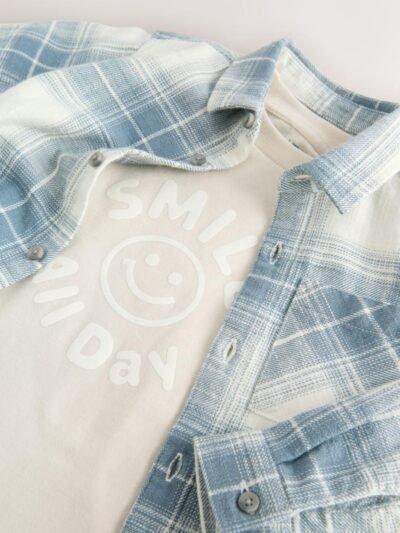 Blue Check Long Sleeve Shirt and T-Shirt Set