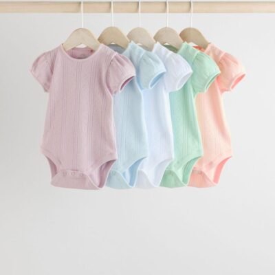 Pastels 5 Pack Short Sleeve Pointelle Baby Bodysuits