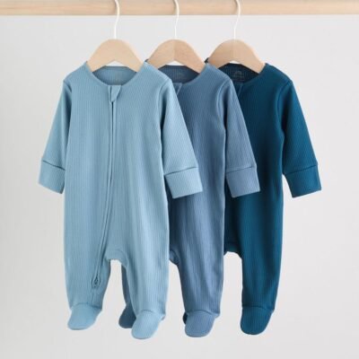 Blue 3 Pack Baby Two Way Zip Sleepsuits
