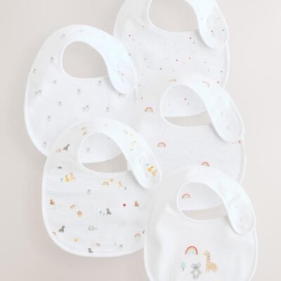 White Animal Print Baby Bibs 5 Pack