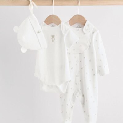 White Baby Sleepsuit, Bodysuit, Beanie and Bib Set 4 Piece