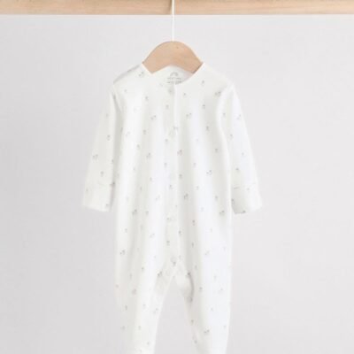 White Baby Sleepsuit, Bodysuit, Beanie and Bib Set 4 Piece