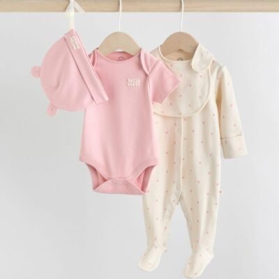 Pink 4 Piece Baby Sleepsuit, Bodysuit, Beanie and Bib Set