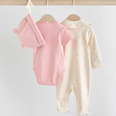Pink 4 Piece Baby Sleepsuit, Bodysuit, Beanie and Bib Set