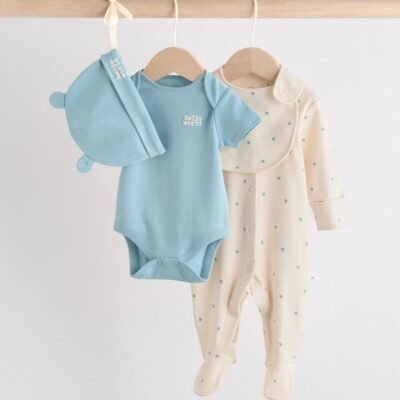 Blue Baby Sleepsuit, Bodysuit, Beanie and Bib Set 4 Piece