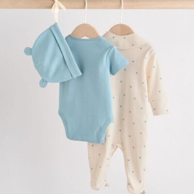 Blue Baby Sleepsuit, Bodysuit, Beanie and Bib Set 4 Piece