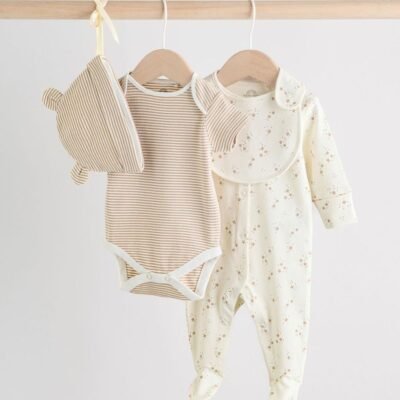 Neutral Baby Sleepsuit, Bodysuit, Beanie and Bib Set 4 Piece