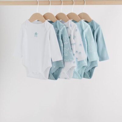 Blue Baby Elephant Long Sleeved Bodysuits 5 Pack