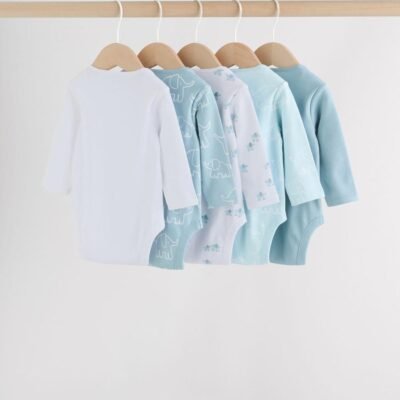 Blue Baby Elephant Long Sleeved Bodysuits 5 Pack