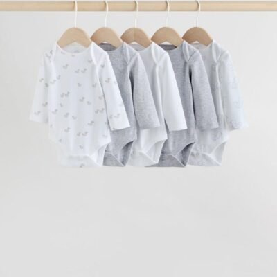 Grey Long Sleeved Baby Bodysuits 5 Pack