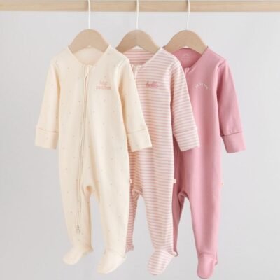 Pink Heart Two Way Zip Baby Sleepsuits 3 Pack
