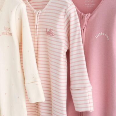 Pink Heart Two Way Zip Baby Sleepsuits 3 Pack