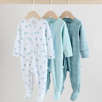 Blue Baby Linear Elephant Sleepsuits 3 Pack