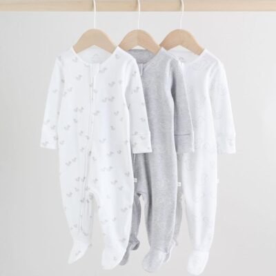 Grey Baby Two Way Zip Sleepsuits 3 Pack
