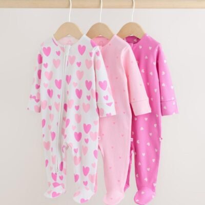 Pink 3 Pack Two Way Zip Baby Sleepsuits